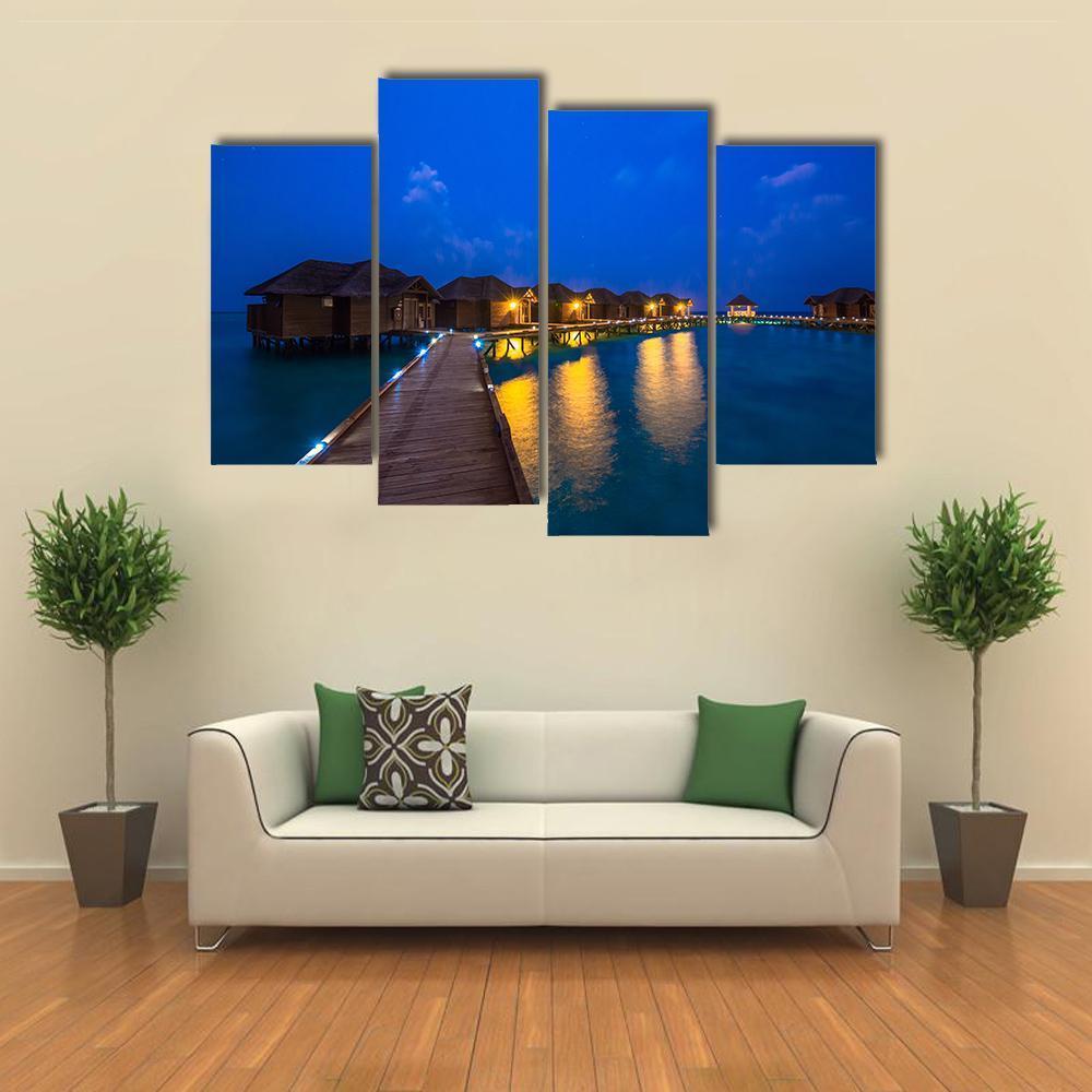 Over Water Bungalows At Night Canvas Wall Art-4 Pop-Gallery Wrap-50" x 32"-Tiaracle