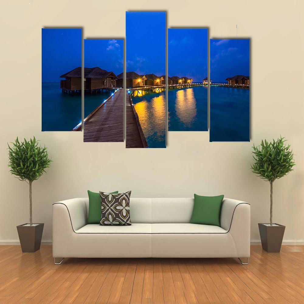 Over Water Bungalows At Night Canvas Wall Art-5 Pop-Gallery Wrap-47" x 32"-Tiaracle