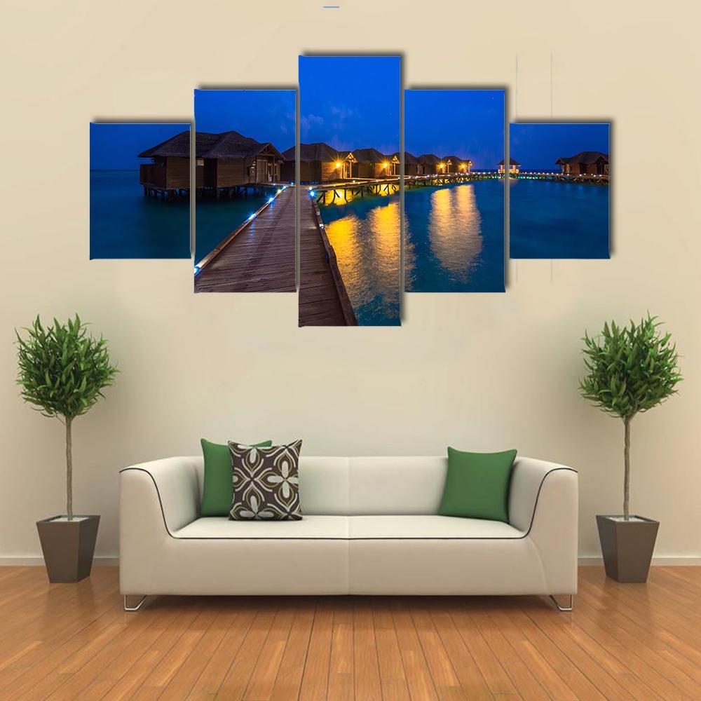 Over Water Bungalows At Night Canvas Wall Art-5 Star-Gallery Wrap-62" x 32"-Tiaracle