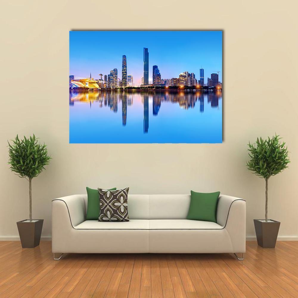 Pearl River Skyline, Guangzhou Canvas Wall Art in black, gold and blue, single panel hung on a wall