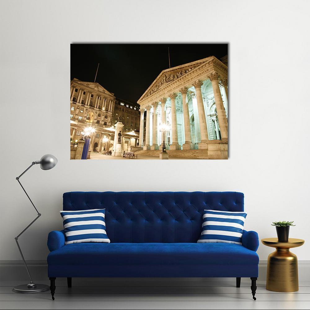Royal Stock Exchange at Night Canvas Wall Art in black, beige and gold, single panel hung on a wall