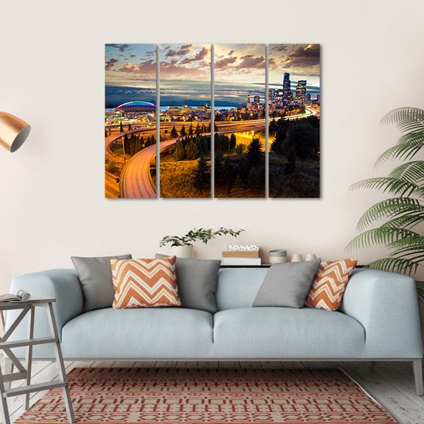 Night View Of Seattle Canvas Wall Art-4 Horizontal-Gallery Wrap-34" x 24"-Tiaracle