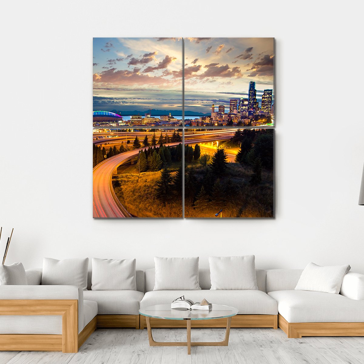 Night View Of Seattle Canvas Wall Art-4 Square-Gallery Wrap-17" x 17"-Tiaracle