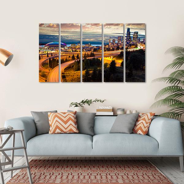 Night View Of Seattle Canvas Wall Art-5 Horizontal-Gallery Wrap-22" x 12"-Tiaracle