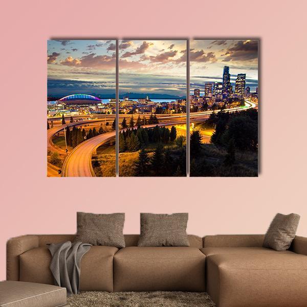 Night View Of Seattle Canvas Wall Art-3 Horizontal-Gallery Wrap-37" x 24"-Tiaracle