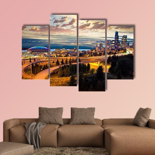 Night View Of Seattle Canvas Wall Art-4 Pop-Gallery Wrap-50" x 32"-Tiaracle