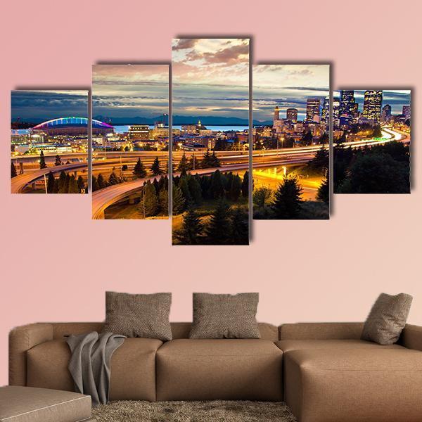 Night View Of Seattle Canvas Wall Art-5 Pop-Gallery Wrap-47" x 32"-Tiaracle