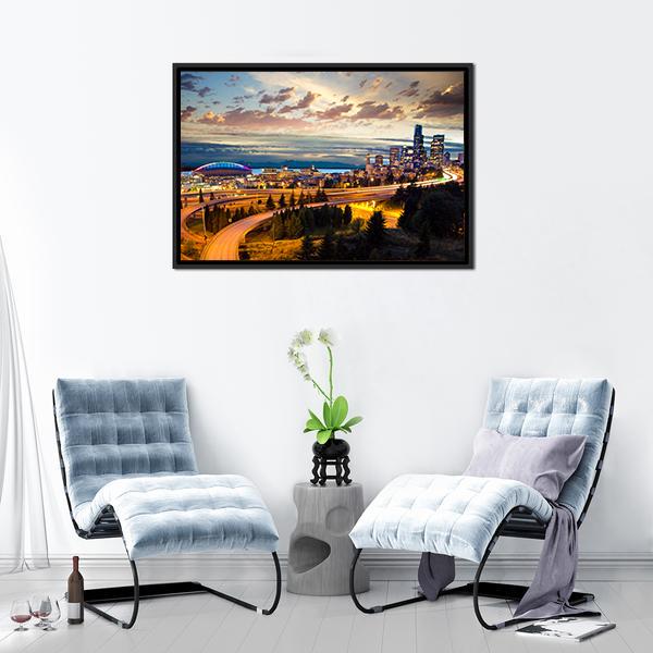 Seattle Night Skyline Canvas Wall Art in orange, yellow and blue, framed canvas, product view on a white background