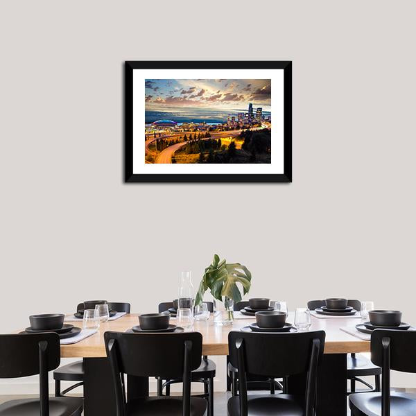 Seattle Night Skyline Canvas Wall Art in orange, yellow and blue, framed print, product view on a white background