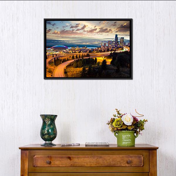 Night View Of Seattle Vertical Canvas Wall Art-3 Vertical-Gallery Wrap-12" x 25"-Tiaracle