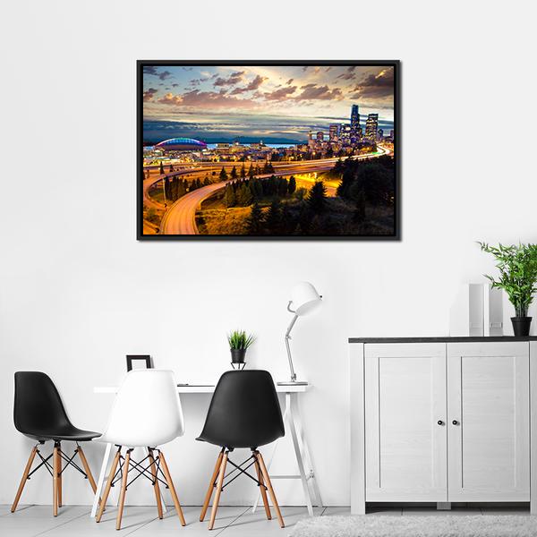 Night View Of Seattle Vertical Canvas Wall Art-3 Vertical-Gallery Wrap-12" x 25"-Tiaracle