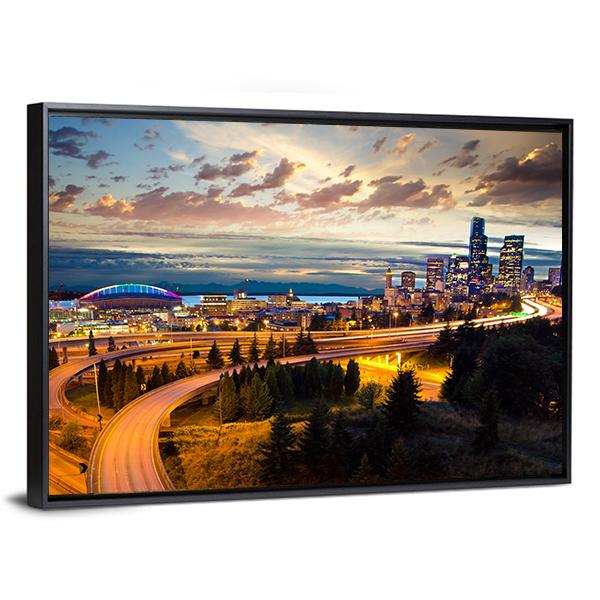 Night View Of Seattle Vertical Canvas Wall Art-3 Vertical-Gallery Wrap-12" x 25"-Tiaracle