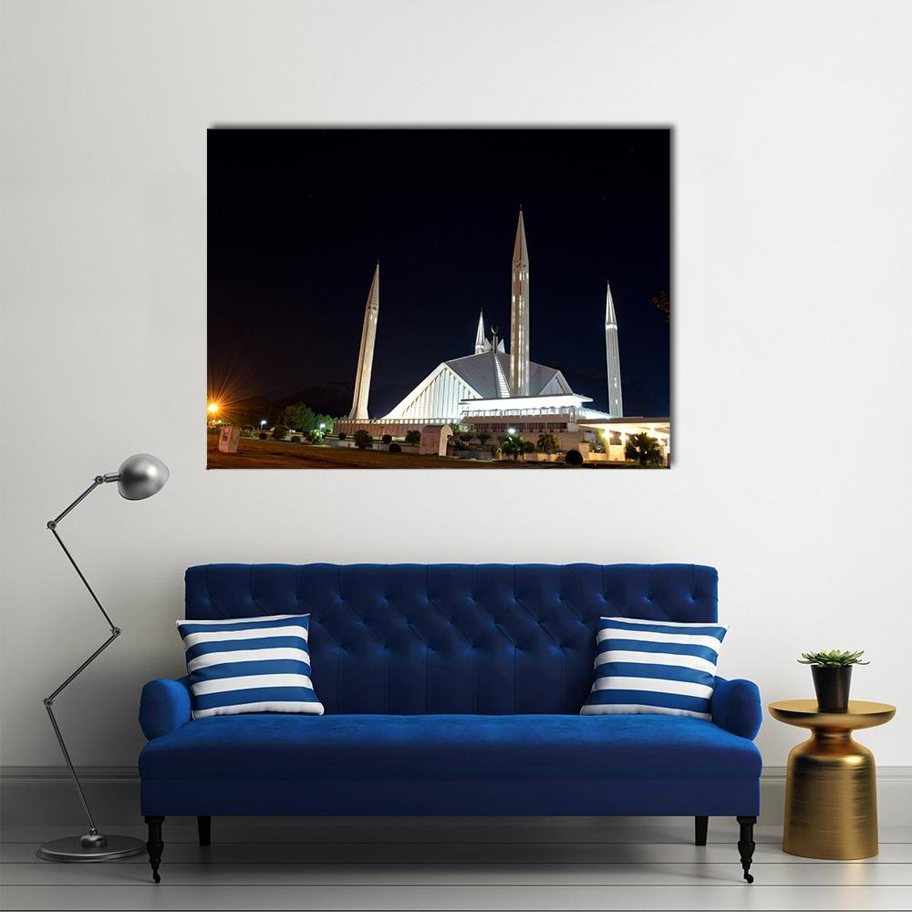 Shah Faisal Mosque at Night Canvas Wall Art in black and white, single panel hung on a wall