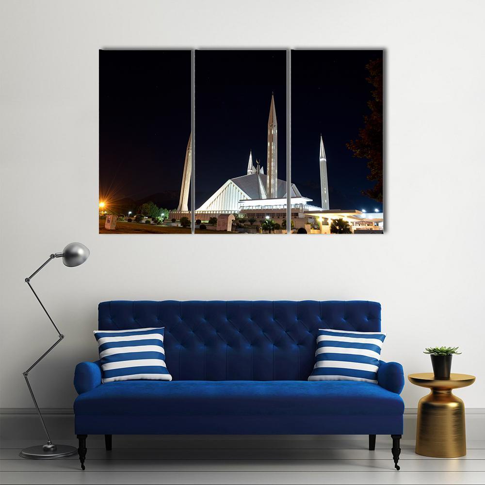 Night View Of Shah Faisal Mosque Canvas Wall Art-1 Piece-Gallery Wrap-48" x 32"-Tiaracle