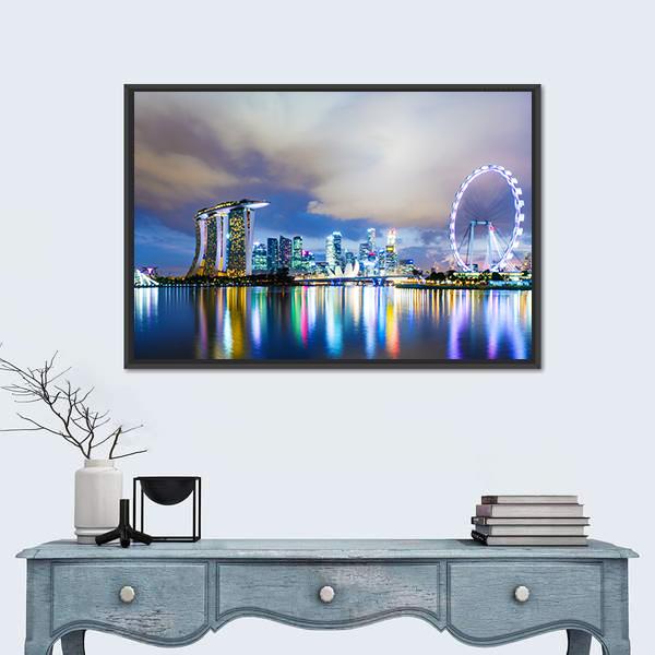 Night View Of Singapore Skyline Canvas Wall Art-1 Piece-Floating Frame-24" x 16"-Tiaracle