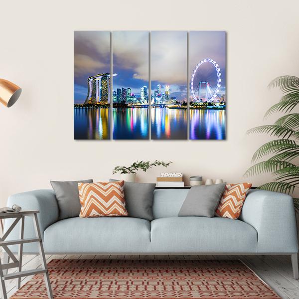 Night View Of Singapore Skyline Canvas Wall Art-4 Horizontal-Gallery Wrap-34" x 24"-Tiaracle