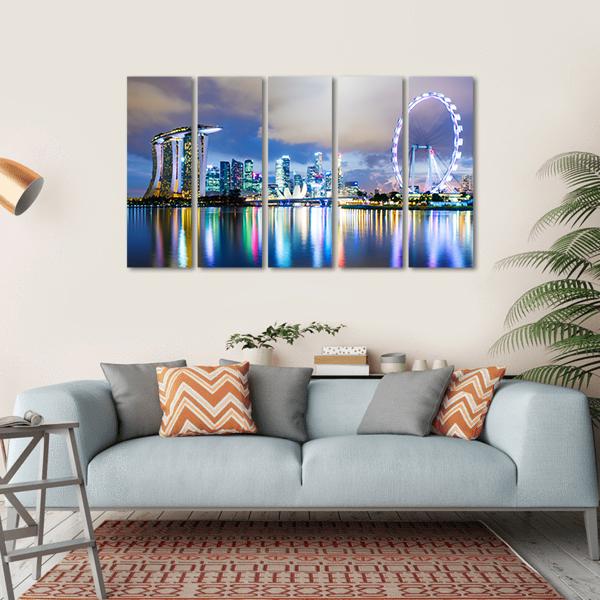 Night View Of Singapore Skyline Canvas Wall Art-5 Horizontal-Gallery Wrap-22" x 12"-Tiaracle