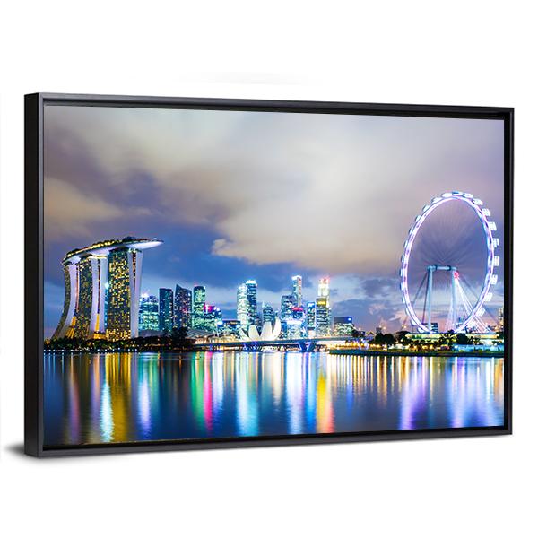 Night View Of Singapore Skyline Canvas Wall Art-3 Horizontal-Gallery Wrap-25" x 16"-Tiaracle