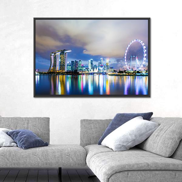 Night View Of Singapore Skyline Canvas Wall Art-3 Horizontal-Gallery Wrap-25" x 16"-Tiaracle