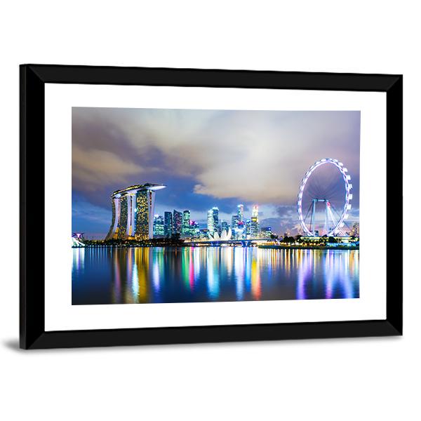 Night View Of Singapore Skyline Canvas Wall Art-3 Horizontal-Gallery Wrap-25" x 16"-Tiaracle