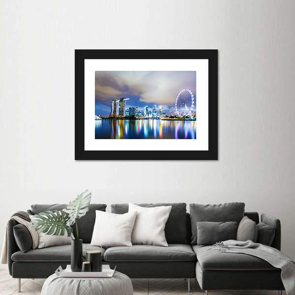 Night View Of Singapore Skyline Canvas Wall Art-3 Horizontal-Gallery Wrap-25" x 16"-Tiaracle