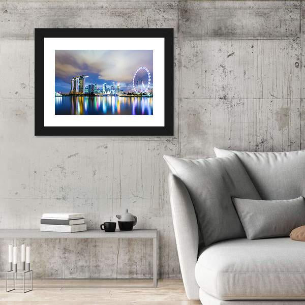 Night View Of Singapore Skyline Canvas Wall Art-3 Horizontal-Gallery Wrap-25" x 16"-Tiaracle