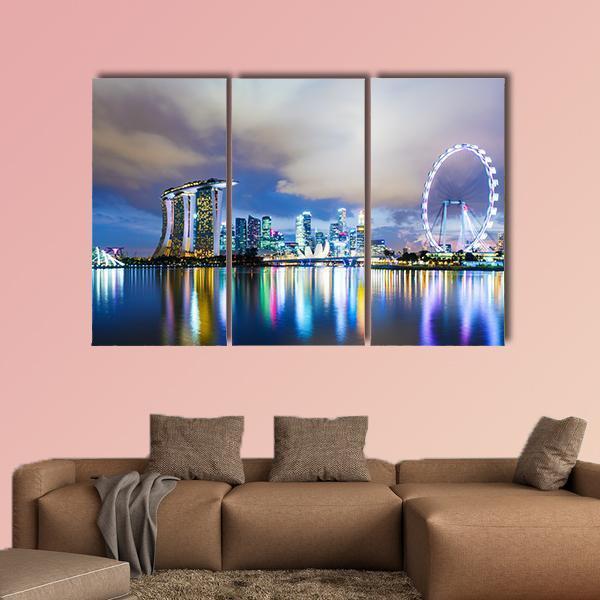 Night View Of Singapore Skyline Canvas Wall Art-3 Horizontal-Gallery Wrap-25" x 16"-Tiaracle