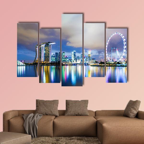 Night View Of Singapore Skyline Canvas Wall Art-5 Pop-Gallery Wrap-47" x 32"-Tiaracle