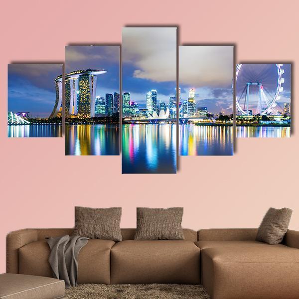 Night View Of Singapore Skyline Canvas Wall Art-5 Star-Gallery Wrap-62" x 32"-Tiaracle