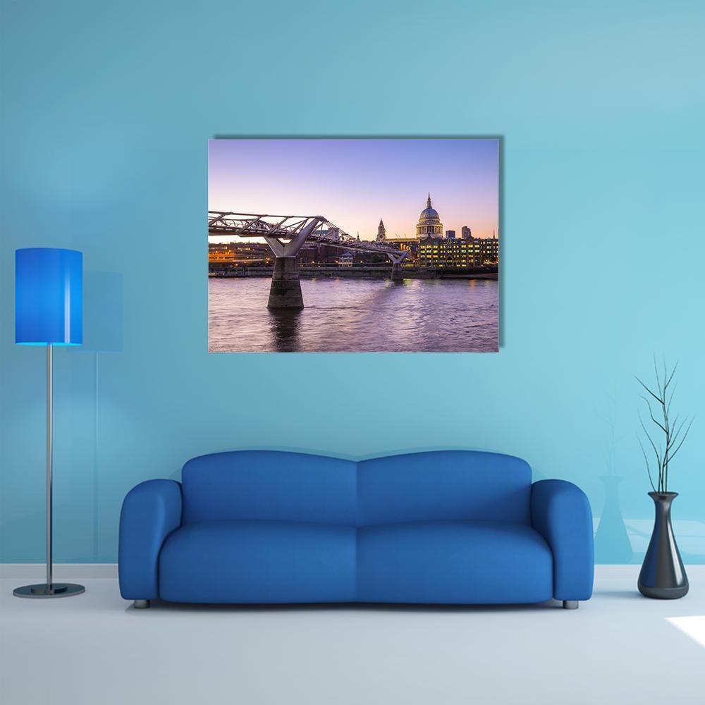 St Paul's Cathedral Twilight Skyline Canvas Wall Art in yellow, blue and purple, single panel hung on a wall