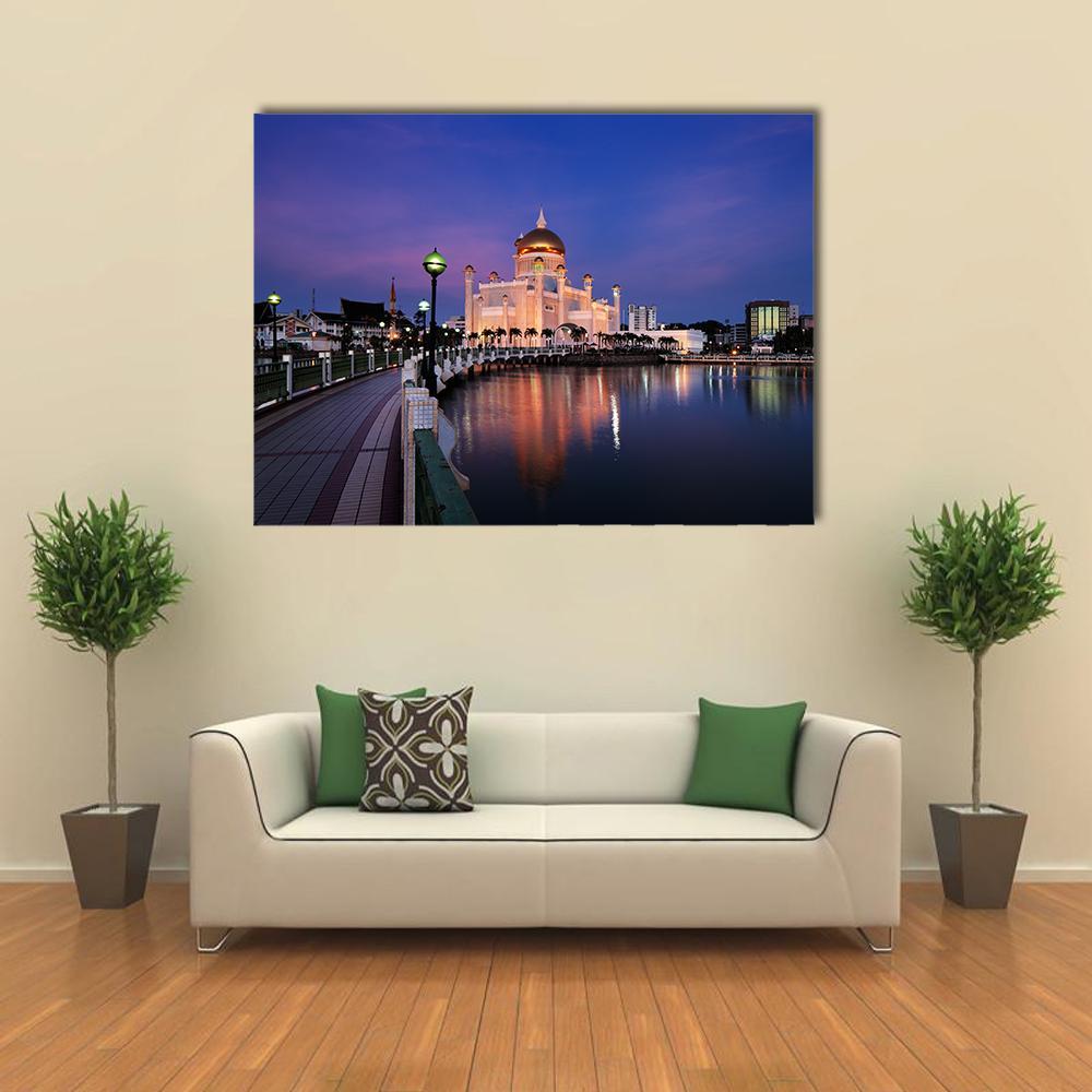 Sultan Omar Ali Saifuddien Mosque at Dusk Canvas Wall Art in gold, blue and purple, single panel hung on a wall
