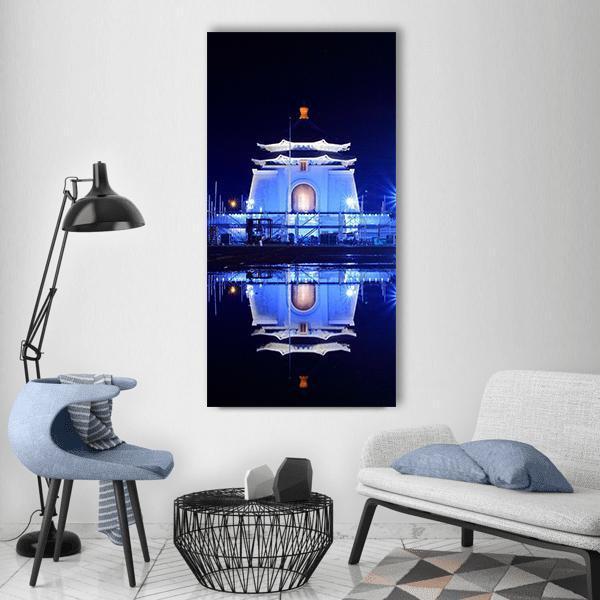 Chiang Kai-shek Memorial Hall at Night Vertical Canvas Wall Art in black, white and blue, single vertical panel hung on a wall