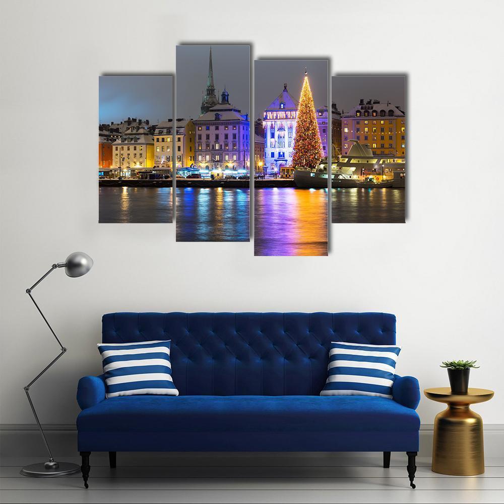 Gamla Stan At Night Canvas Wall Art-4 Pop-Gallery Wrap-50" x 32"-Tiaracle