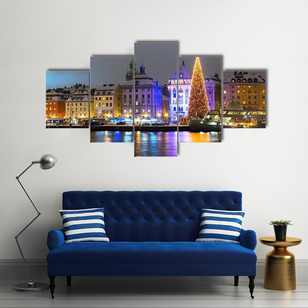 Gamla Stan At Night Canvas Wall Art-5 Star-Gallery Wrap-62" x 32"-Tiaracle