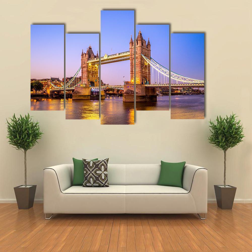 Night View Of Tower Bridge Canvas Wall Art-5 Pop-Gallery Wrap-47" x 32"-Tiaracle