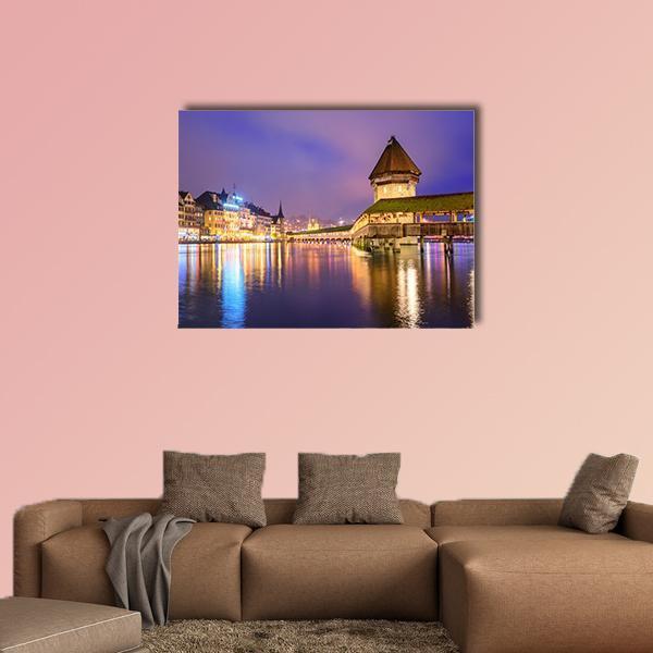 Night View Of Chapel Bridge Canvas Wall Art-1 Piece-Gallery Wrap-48" x 32"-Tiaracle