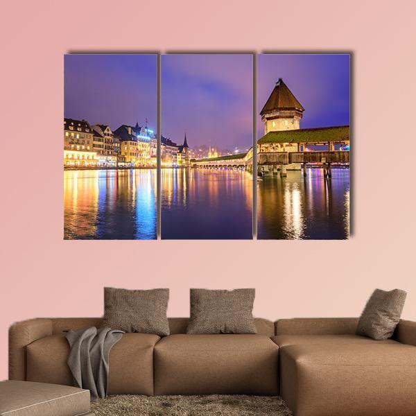 Night View Of Chapel Bridge Canvas Wall Art-5 Pop-Gallery Wrap-47" x 32"-Tiaracle
