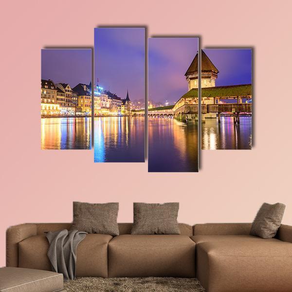 Night View Of Chapel Bridge Canvas Wall Art-4 Pop-Gallery Wrap-50" x 32"-Tiaracle
