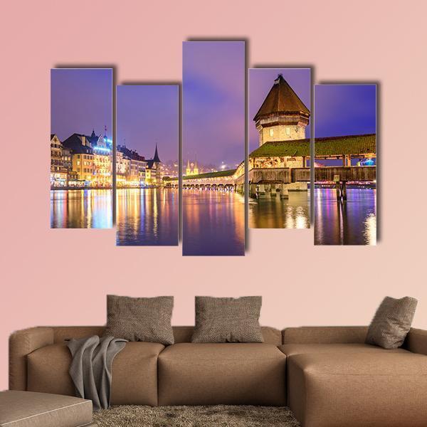 Night View Of Chapel Bridge Canvas Wall Art-5 Pop-Gallery Wrap-47" x 32"-Tiaracle