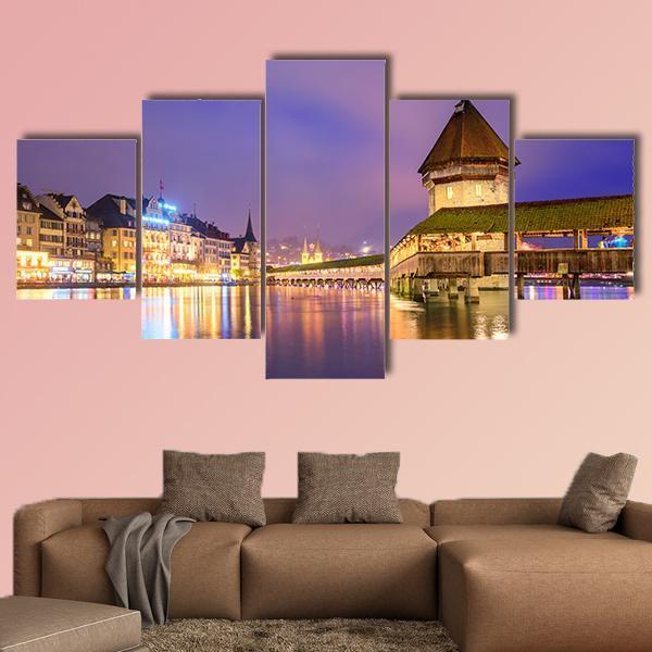 Night View Of Chapel Bridge Canvas Wall Art-5 Star-Gallery Wrap-62" x 32"-Tiaracle