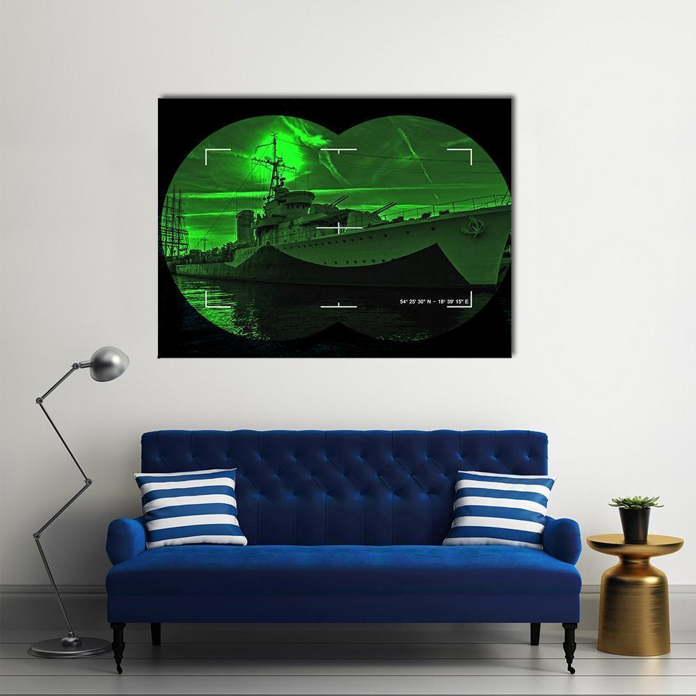 Warship Through Night Vision Canvas Wall Art in black and green, single panel hung on a wall