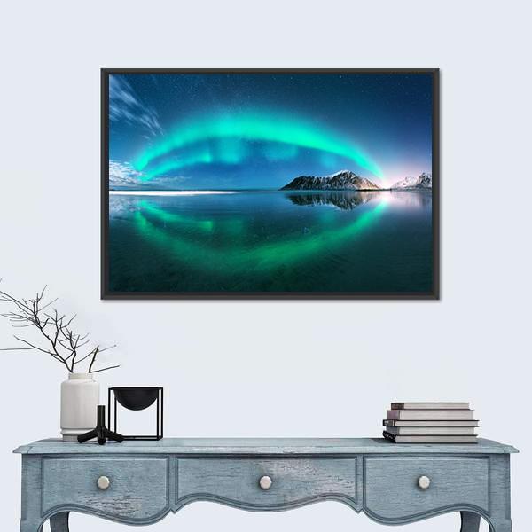 Night Winter Landscape With Aurora Canvas Wall Art-1 Piece-Floating Frame-24" x 16"-Tiaracle