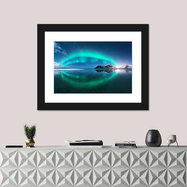 Night Winter Landscape With Aurora Canvas Wall Art-1 Piece-Framed Print-20" x 16"-Tiaracle