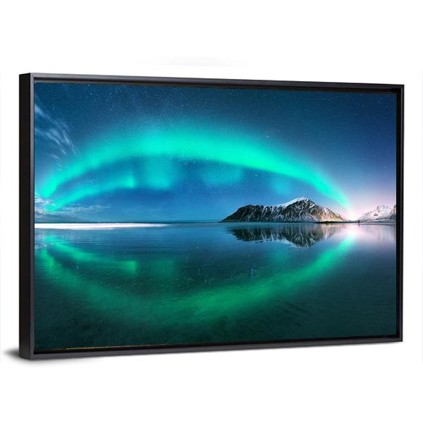 Night Winter Landscape With Aurora Canvas Wall Art-3 Horizontal-Gallery Wrap-25" x 16"-Tiaracle