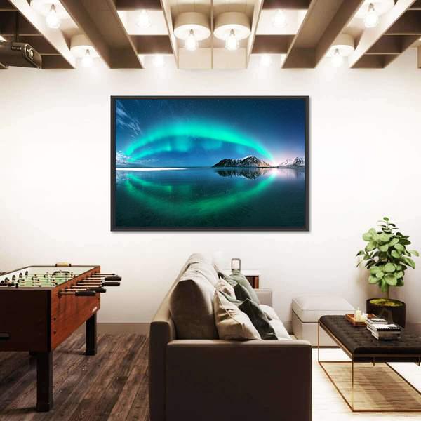 Night Winter Landscape With Aurora Canvas Wall Art-3 Horizontal-Gallery Wrap-25" x 16"-Tiaracle