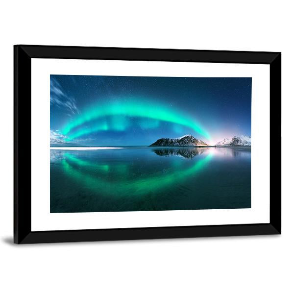 Night Winter Landscape With Aurora Canvas Wall Art-3 Horizontal-Gallery Wrap-25" x 16"-Tiaracle