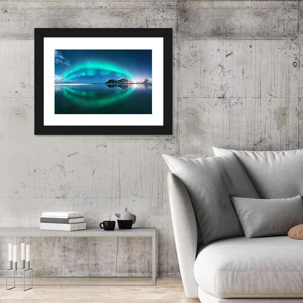 Night Winter Landscape With Aurora Canvas Wall Art-3 Horizontal-Gallery Wrap-25" x 16"-Tiaracle