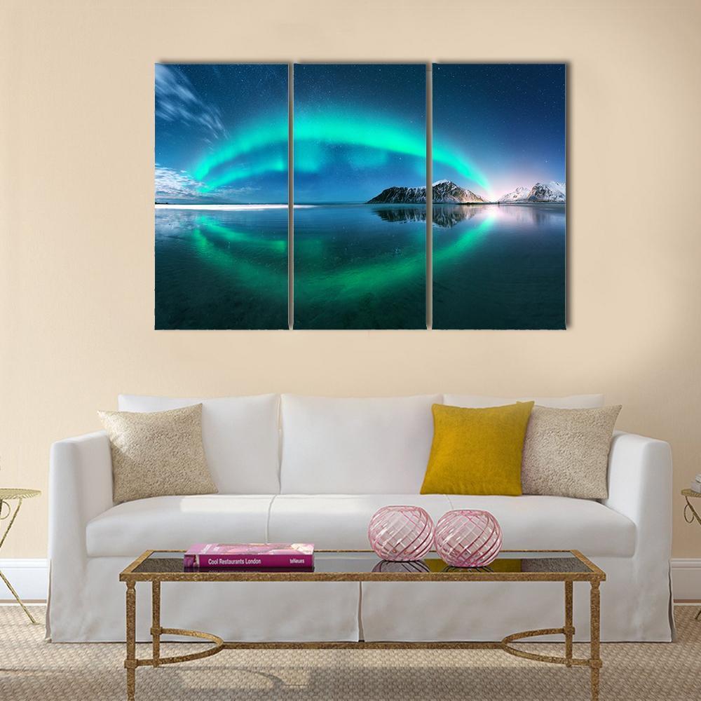 Night Winter Landscape With Aurora Canvas Wall Art-5 Star-Gallery Wrap-62" x 32"-Tiaracle