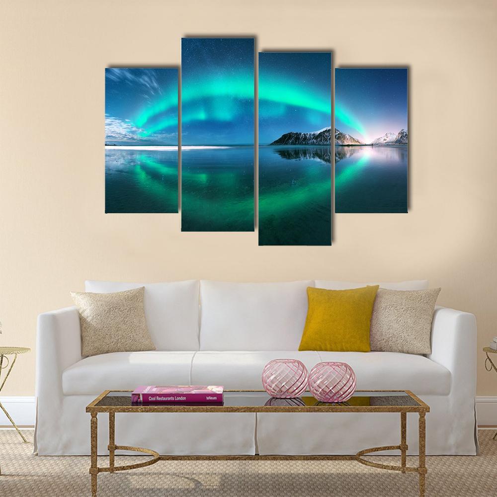 Night Winter Landscape With Aurora Canvas Wall Art-4 Pop-Gallery Wrap-50" x 32"-Tiaracle