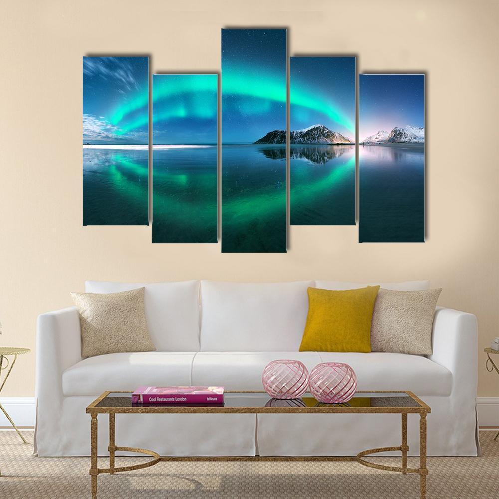 Night Winter Landscape With Aurora Canvas Wall Art-5 Pop-Gallery Wrap-47" x 32"-Tiaracle